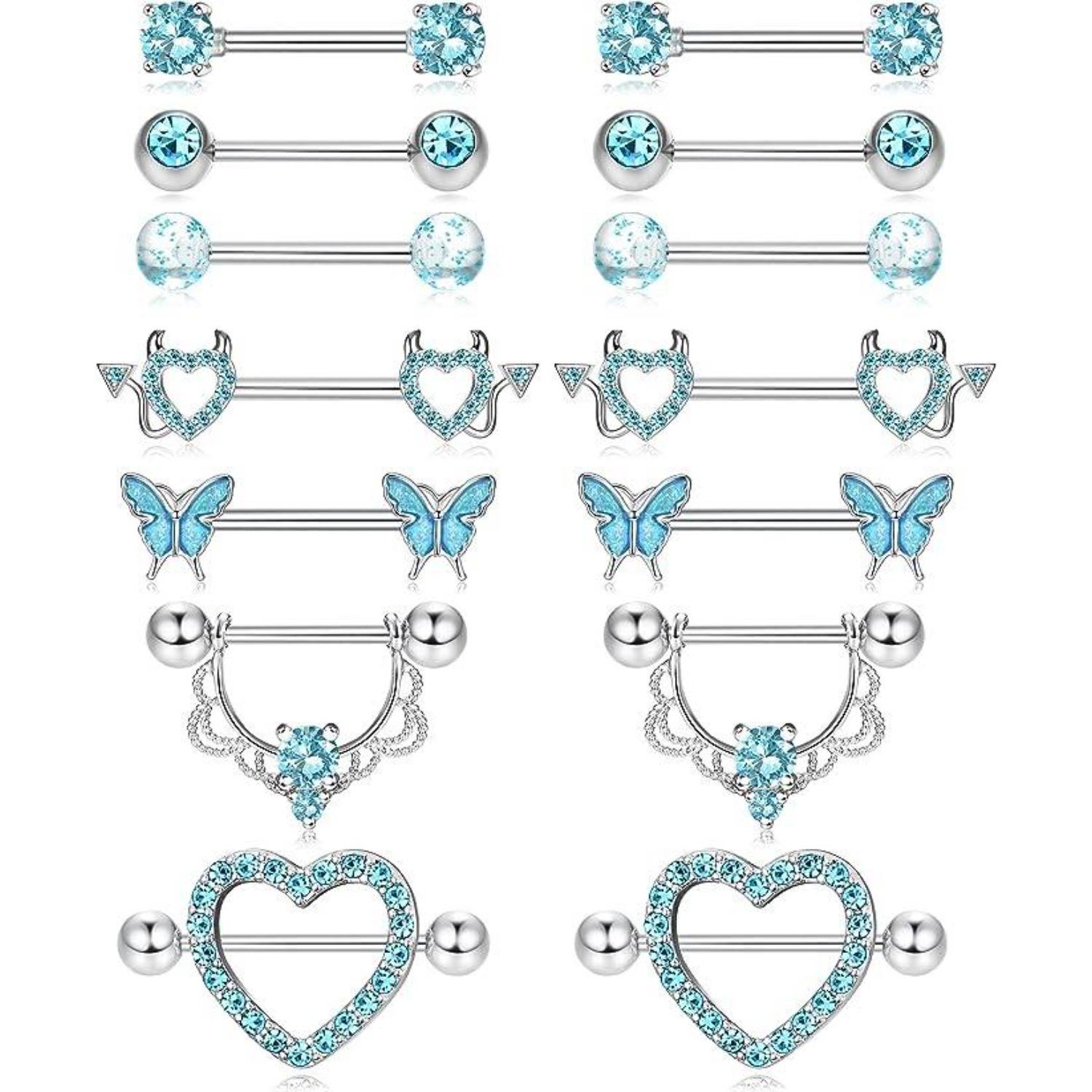 7 Pairs 14G Nipple Rings 316L Surgical Steel Nipple Piercing CZ Heart Butterfly Barbell Tongue Rings Set Cute Nipple Tongue Piercing Jewelry for Women Body Jewellery