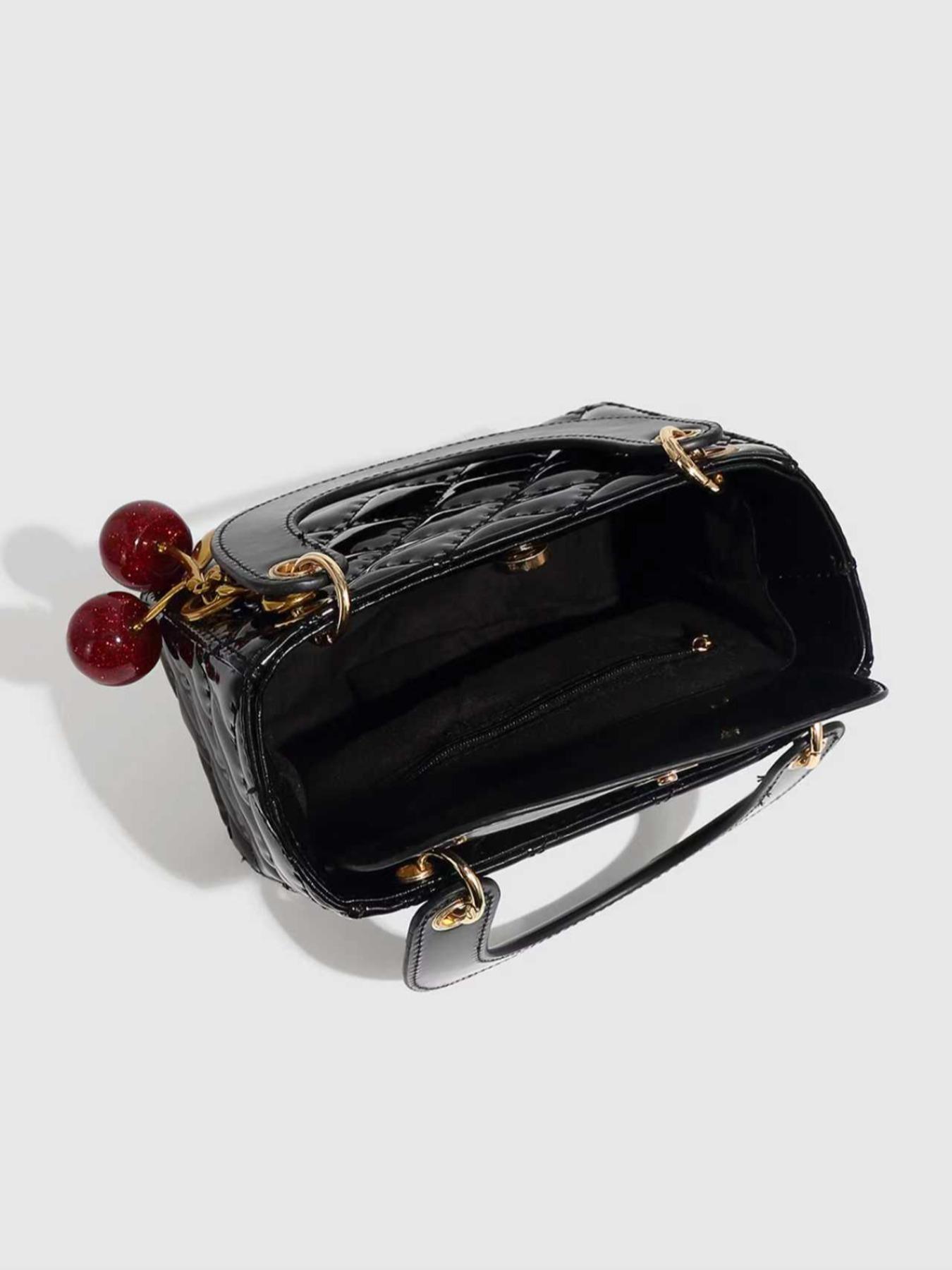 Checkered Bag with Cherry Charm, Fashionable Versatile Handbag, Elegant Women's Shoulder Crossbody Bag, Casual Style, Casual Handbag Satchel, Handheld Bag Purse