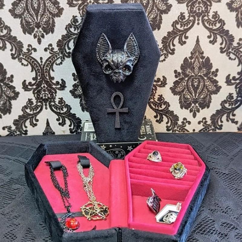 Gothic Vampire Bat Jewelry Coffin Box, Velvet-Lined Rectangular Storage Case, Earring Holders, Vintage Gothic Decor, Travel-Friendly Organizer