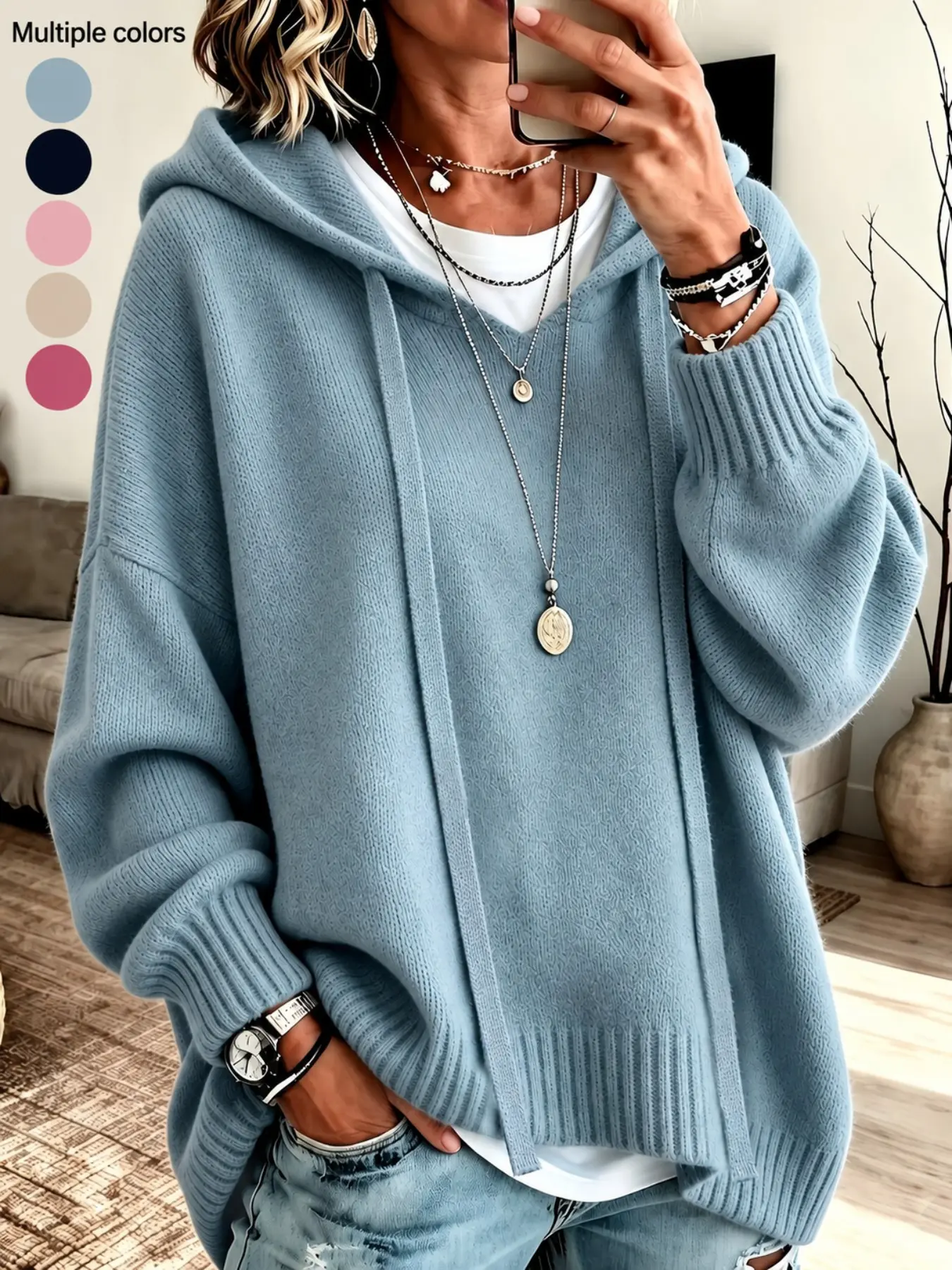 American Vintage Oversized Loose Casual Hooded Sweater, autumn and winter solid color simple versatile dropped shoulder lantern sleeve hooded sweater, 2026 new fashion women's clothing
