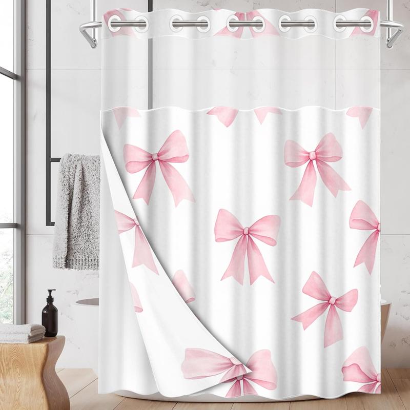 1pc hookless shower curtain with buckle lining, spring pink and white bow pattern design, 2D flat printing, fabric waterproof lining, see-through double-layer shower curtain, 71 x 74 inches, modern home draping curtain, Shower Curtain Liner