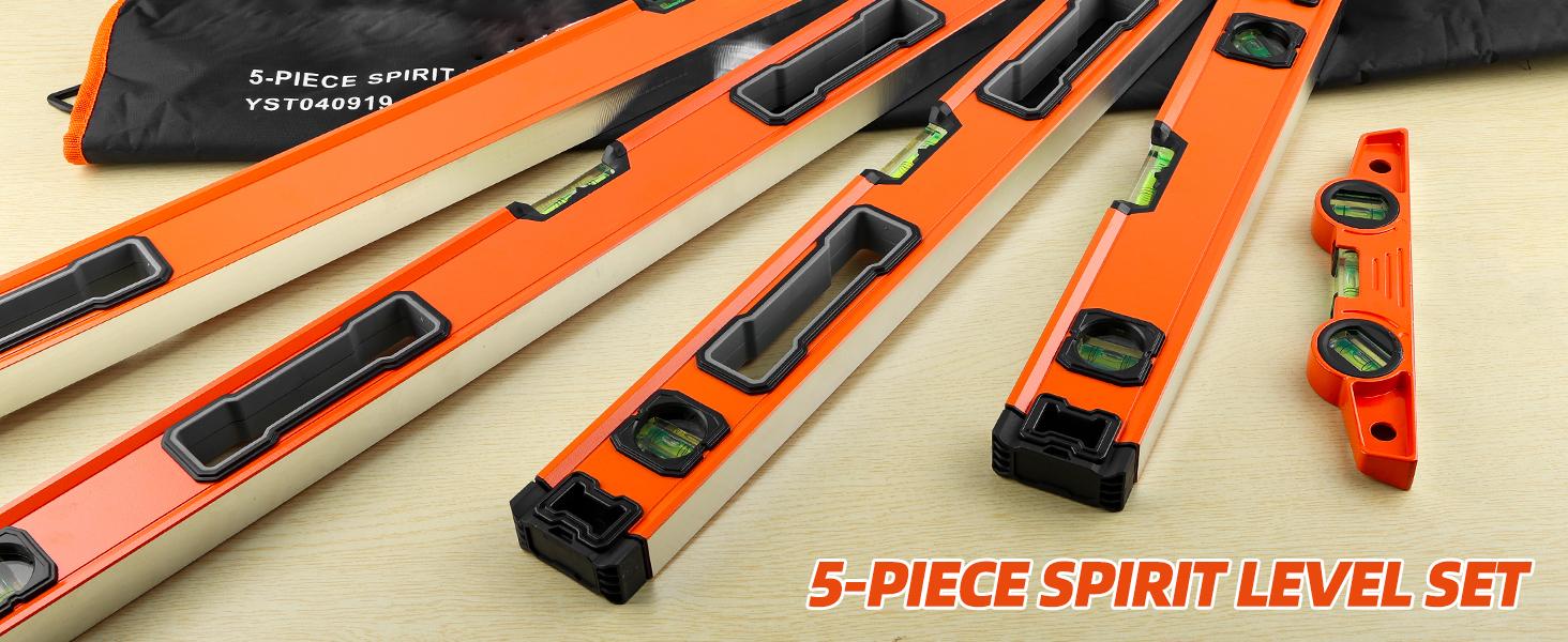 5-Piece Spirit Level Set, 10", 16", 24", 32", 48" Level Set with Magnetic Torpedo Level, 45 ° /90 ° /180 ° Bubbles Measuring, Aluminium Alloy Levels with Carrying Bag