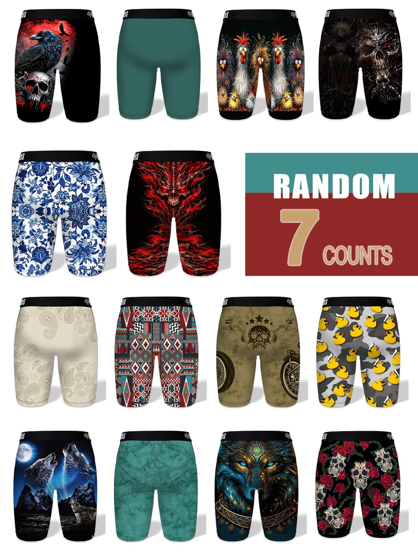 RANDOM-7PCS,Men's 7-Pack Long Brief Underwear, Boxer Briefs, Moisture-Wicking, Anti-Chafing, Quick-Dry, Sporty, Halloween Prints, Comfortable, All Seasons