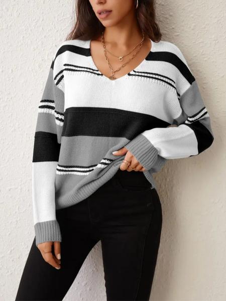 Plus Size Colorblock Drop Shoulder V Neck Sweater Knitwear, Casual Long Sleeve Jumper for Fall & Winter, Women's Plus Clothing for Daily Wear