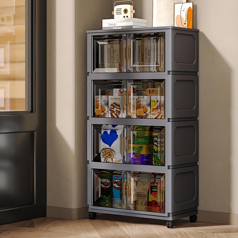 A five-tier (42.72 inches) entryway Plastic storage cabinet, Multi Layer Cabinet, featuring a large capacity with 3/4/5-tier shelving, a magnetic door design paired with silent universal wheels, making it a movable entryway storage cabinet