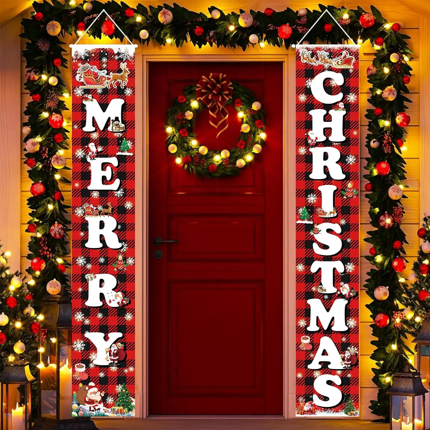 Christmas Decorations Outdoor Yard Front Porch Sign Set, Red Black Buffalo  Door Banner,  Merry Christmas Decorations for Wall  Party Decor Christmas Decorations Indoor Outdoor