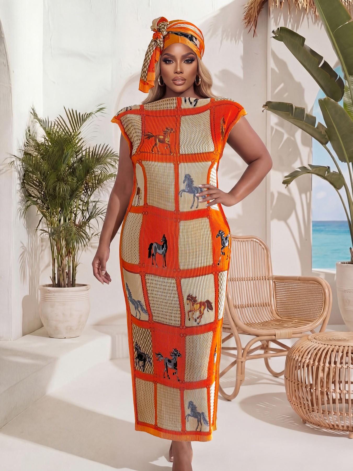 Elegant Ruffled Slim Fit Long Dress Set, Floral Print Shawl Scarf + Silk Ribbon, Women's Beach Sun Protection Wrap, All Seasons