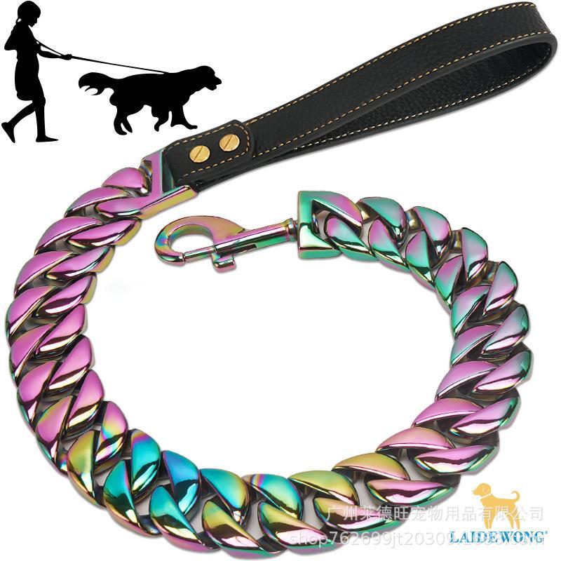 Heavy Duty Stainless Steel Dog Leash with Leather Handle, Chew Proof Cuban Link Metal Chain Lead for Medium Large Dogs, Strong Walking Pet Leash
