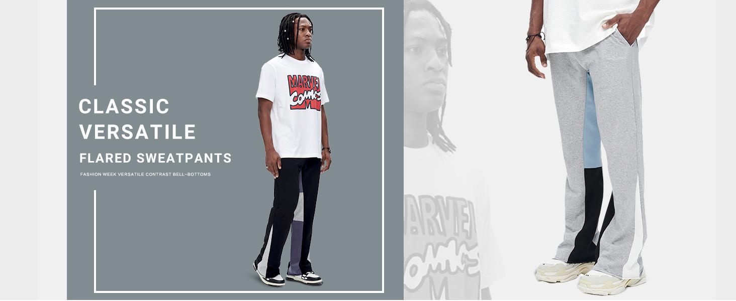 GINGTTO Men's Stacked Flared Sweatpants Loose Patchwork Athletic Streetwear Flares Pants