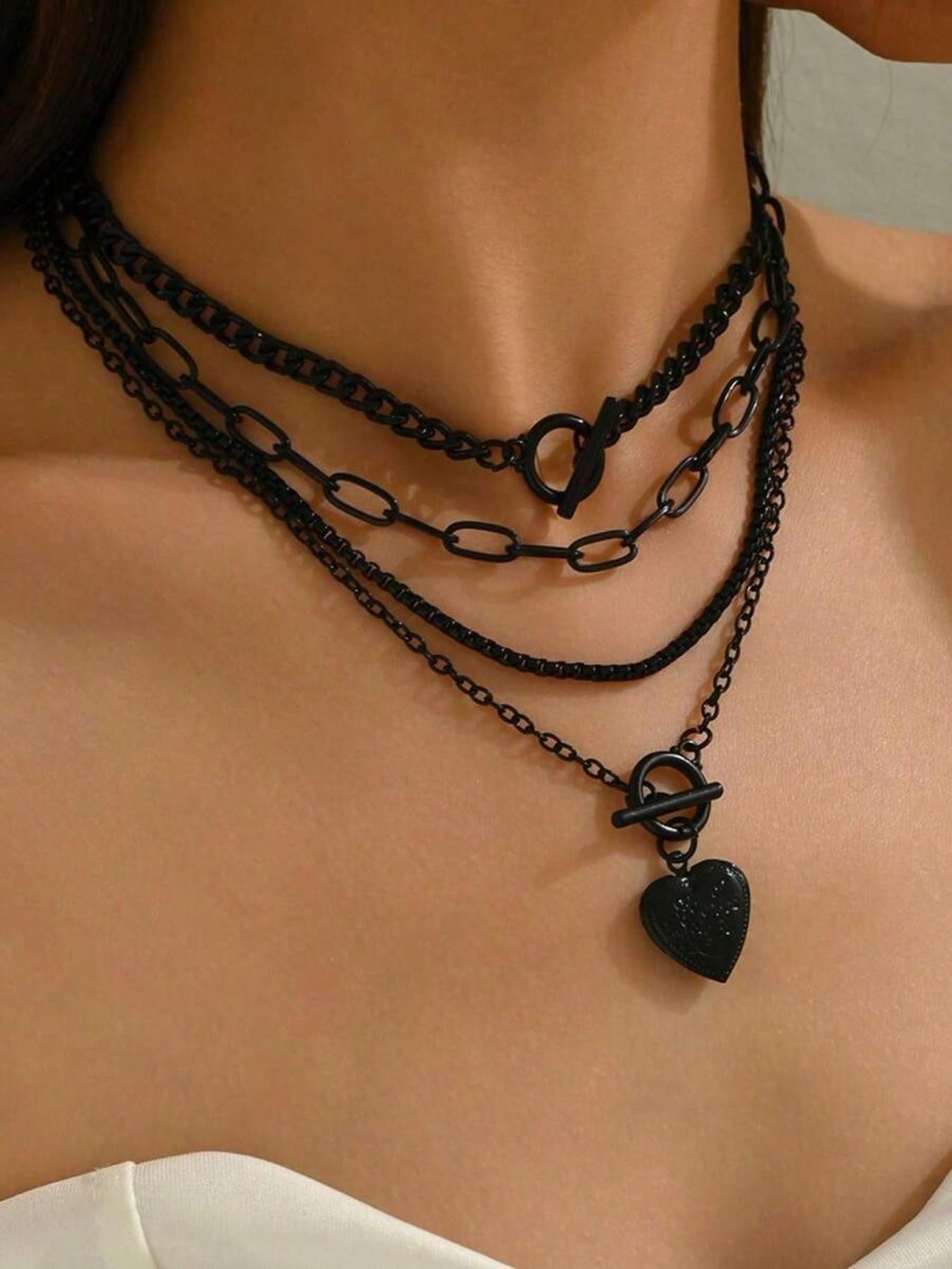 Women's Punk Style Heart Design Pendant Necklace & OT Buckle Chain Necklaces, 4 Counts Fashion Charm & Chain Necklaces, Gothic Mystery Jewelry, Trendy Goth Jewelry for Birthday Gift