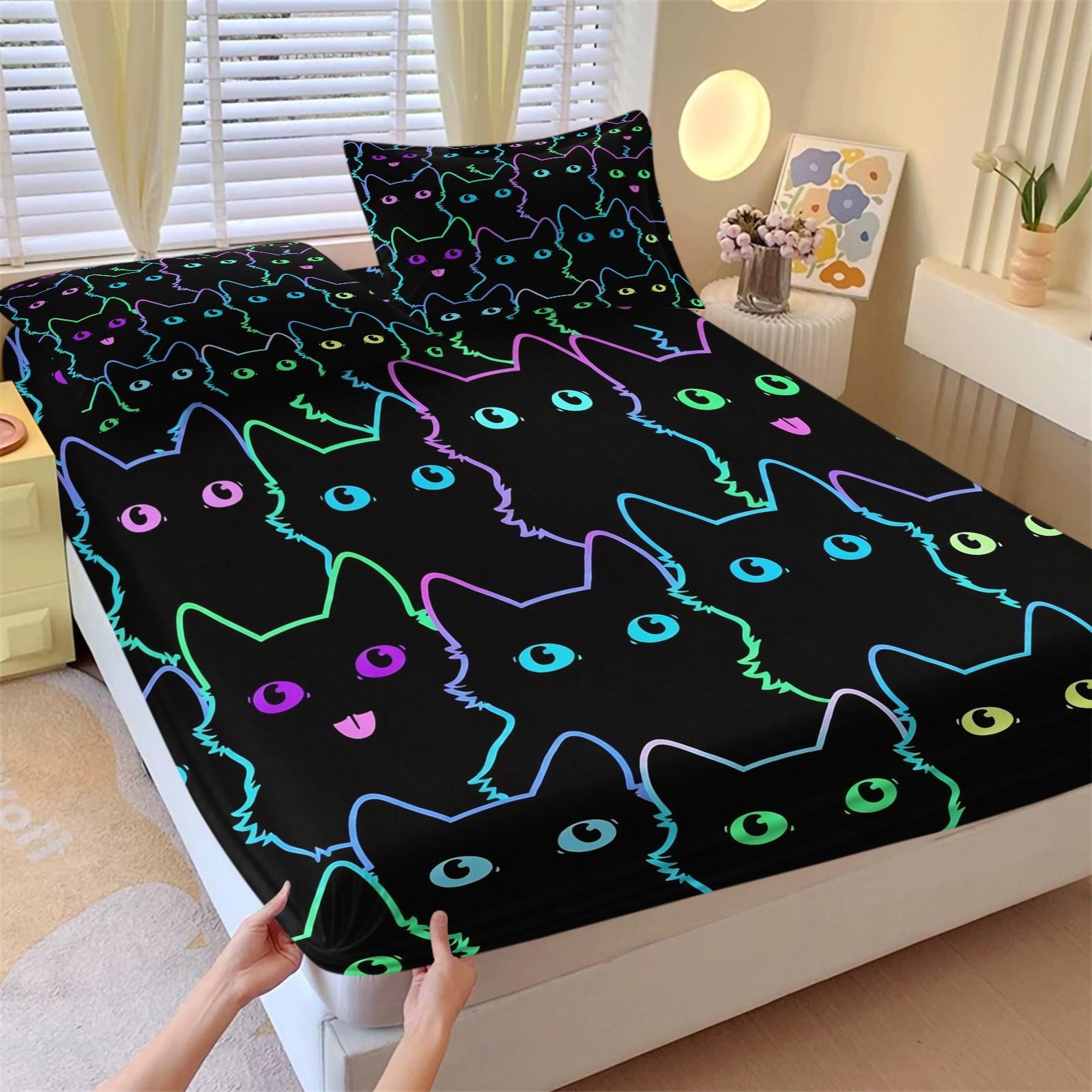 Neon Cat Fitted Sheet Set, 3 Pieces (1 Fitted Sheet + 2 Pillowcases), Deep Pocket, Cute Colorful Cat Print, Black Bedding for Girls Teens, Soft Skin-Friendly, Aesthetic Room Decor, All Seasons