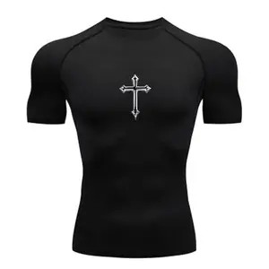 Cross Print Compression Shirt for Men Christian Athletic Tshirt Tees Tops Gym Workout Running Baselayers Undershirts Rash Guard