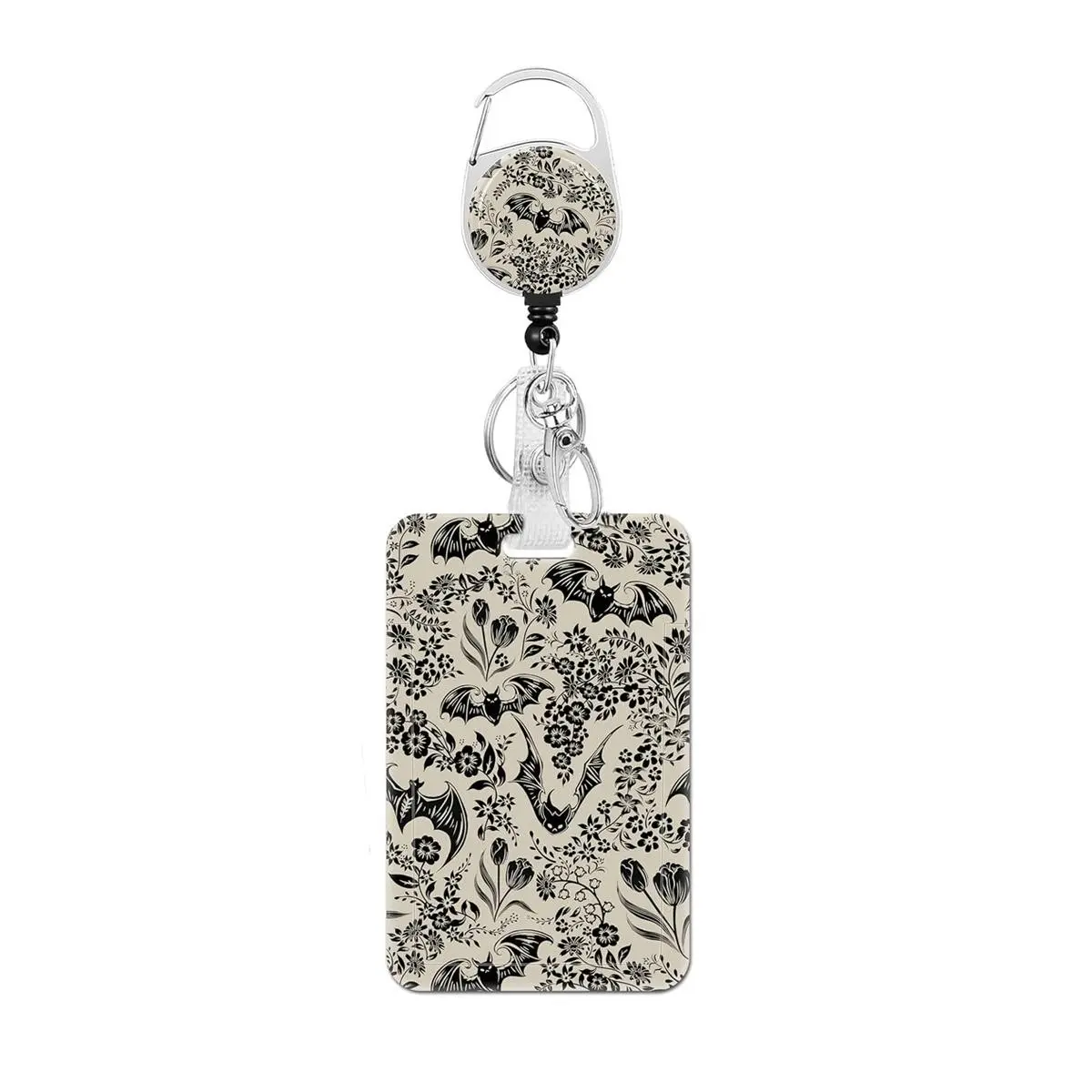 Bat Floral ID Badge Holder Set, Retractable Badge Holder, Rotating Clip Keychain, Expandable Lanyard, Vertical Card Case, Medical Assistant Accessories