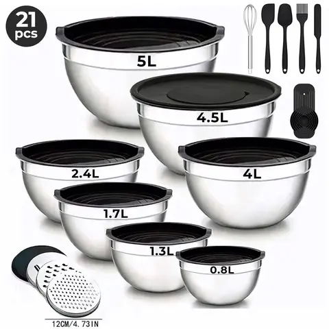 21-Piece 304 Stainless Steel Tableware Mixing Bowls Set with Airtight Lids, 7 Matte Brushed Food-Safe Durable Bowls, 3 Grater Attachments, Measuring Spoons, 1L-2L Capacity, Stacks for Storage, Mix Grate Measure Serve in 1, Durable Use Kitchen Supplies