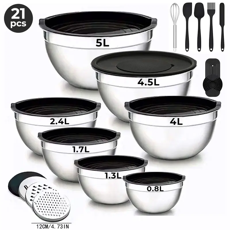 21-Piece 304 Stainless Steel Tableware Mixing Bowls Set with Airtight Lids, 7 Matte Brushed Food-Safe Durable Bowls, 3 Grater Attachments, Measuring Spoons, 1L-2L Capacity, Stacks for Storage, Mix Grate Measure Serve in 1, Durable Use Kitchen Supplies