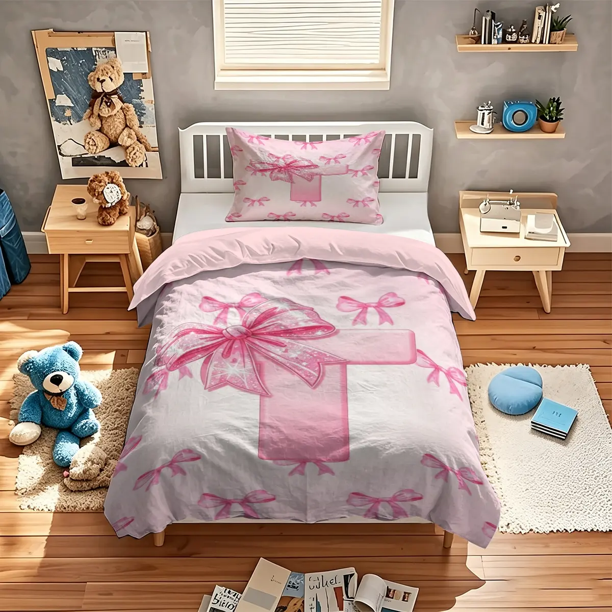 Pink Letter A~Z Bow Pattern Duvet Cover Set, 2/3Pcs Aesthetic Cute Bedding Set, Comfy Bedding Set, Breathable Quilted Quilt, Sweet Girly Bed Linens, Perfect for Teen Girls Bedroom Decor. 1 or 2 Pillowcase, No Filling