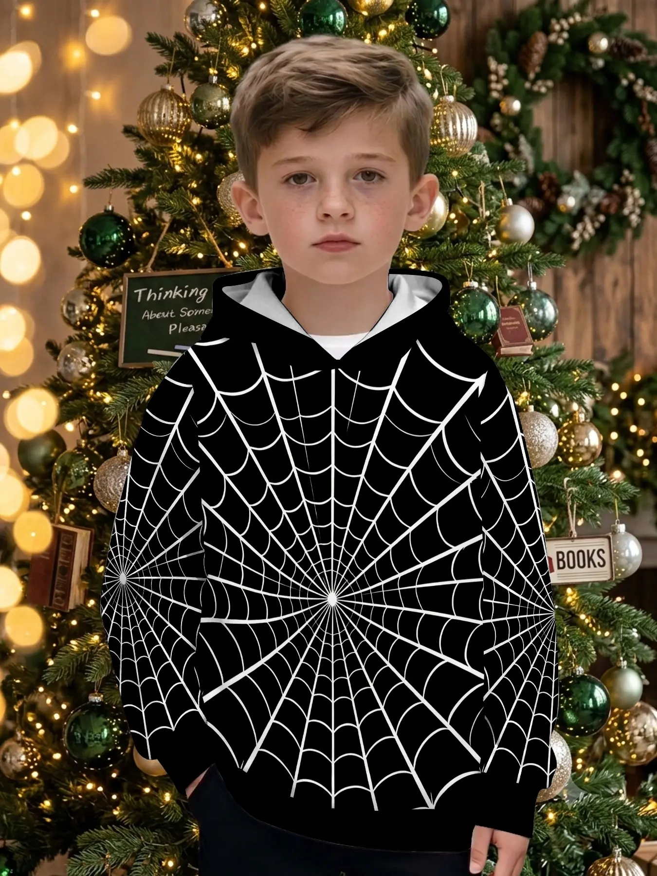 Boys' Base Spider Web Full Print Hoodie, Long Sleeve Casual Top, Fall & Winter Outdoor Wear, Perfect Christmas Gift