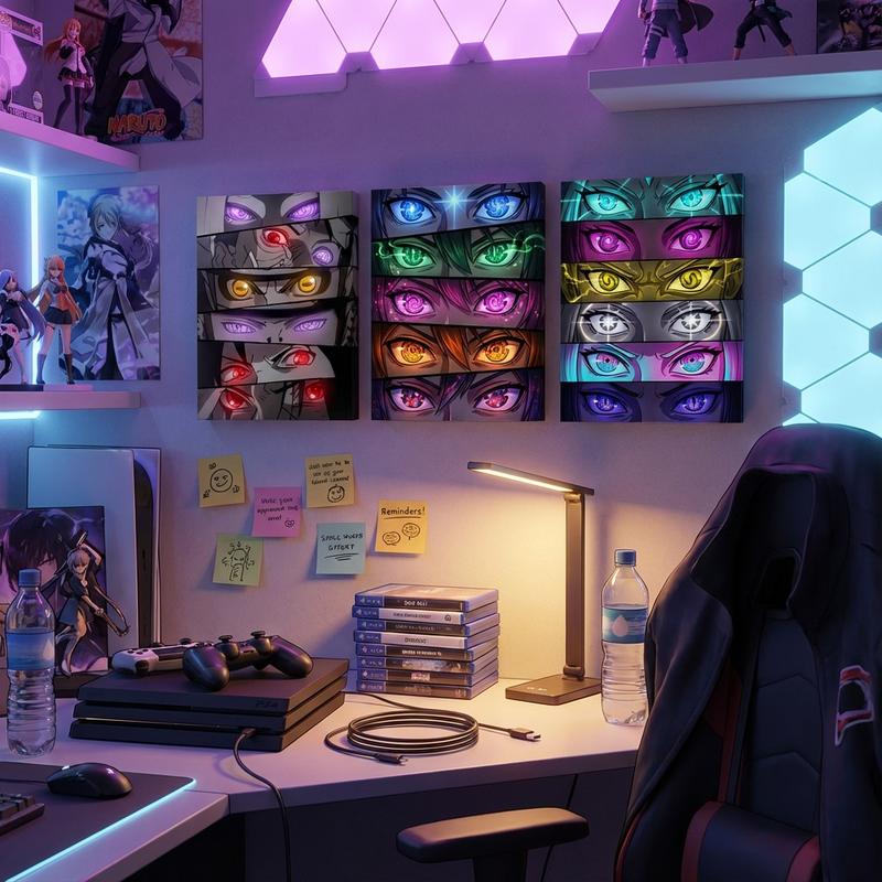 Windows To Other Worlds, Framed. 3 Stretched Canvas Prints Of Iconic Anime Character Eyes. For The Ultimate Weeb Shrine Or Artist‘S Studio. #Animeeyes #Weebcave Art Wall Decoration