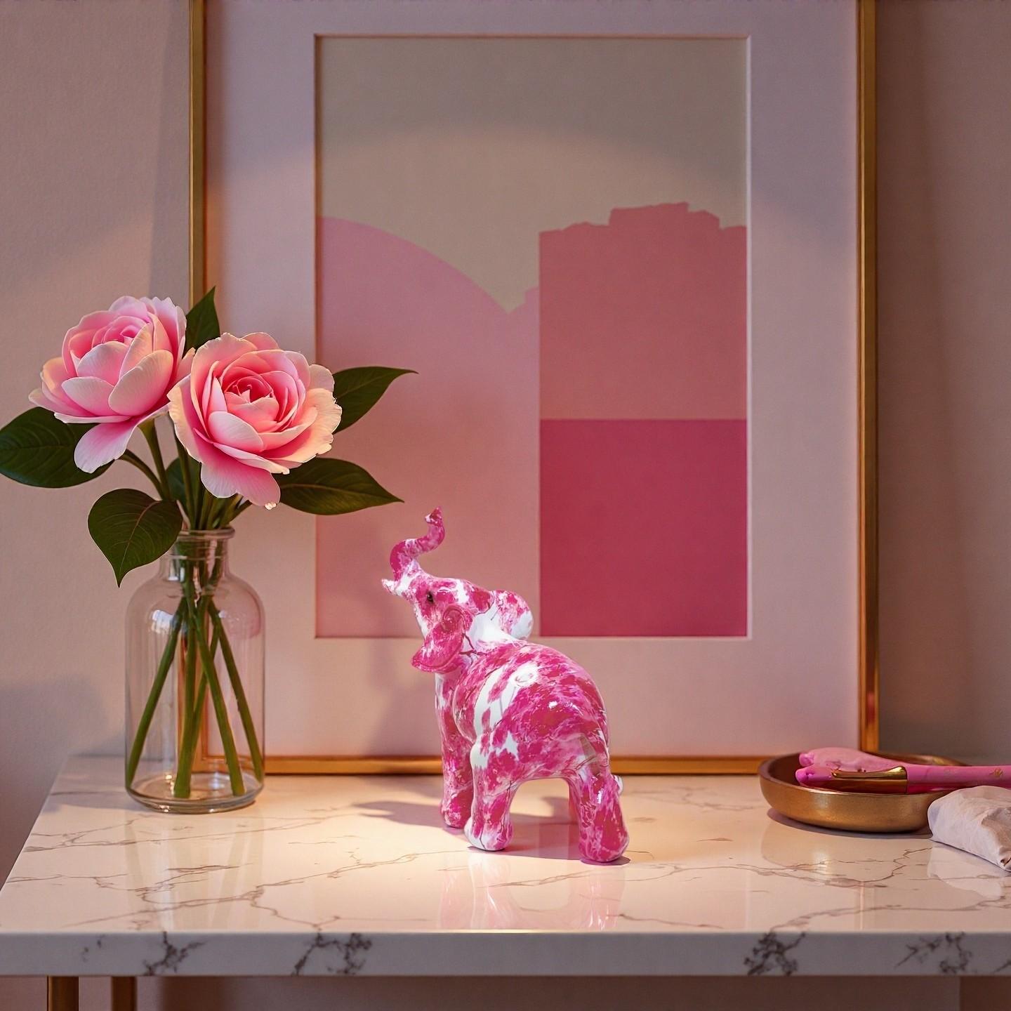 Nordic Style Rose Ink Art Elephant Resin Figurine, Modern Luxurious Home Decor Office Desktop Ornament, New House Personal Gift