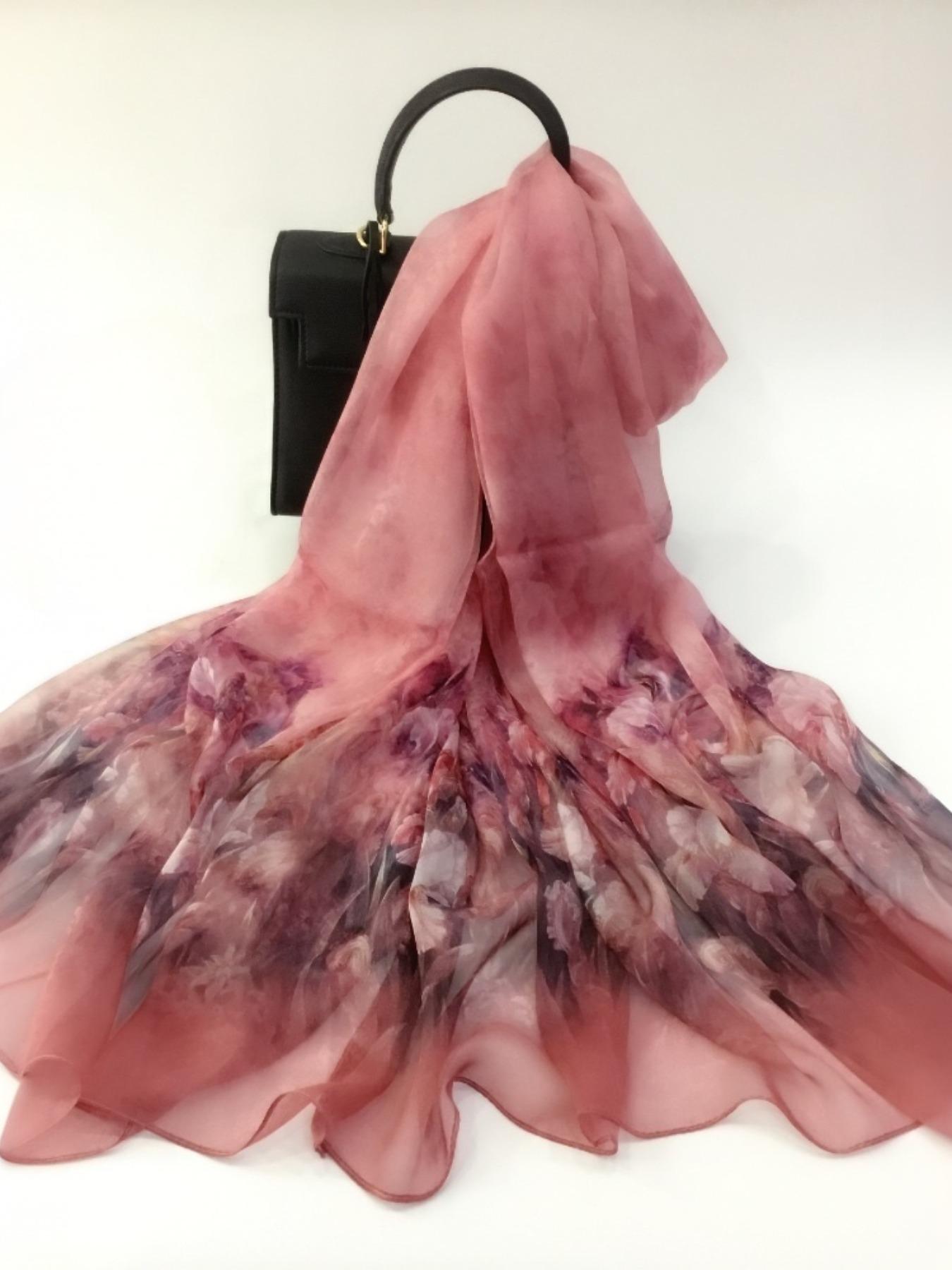 175cm*110cm Printed Silk Shawl for Women, High-End Silk Scarf, Lotus Pattern, 100% Mulberry Silk, Soft and Breathable, Ideal Gift