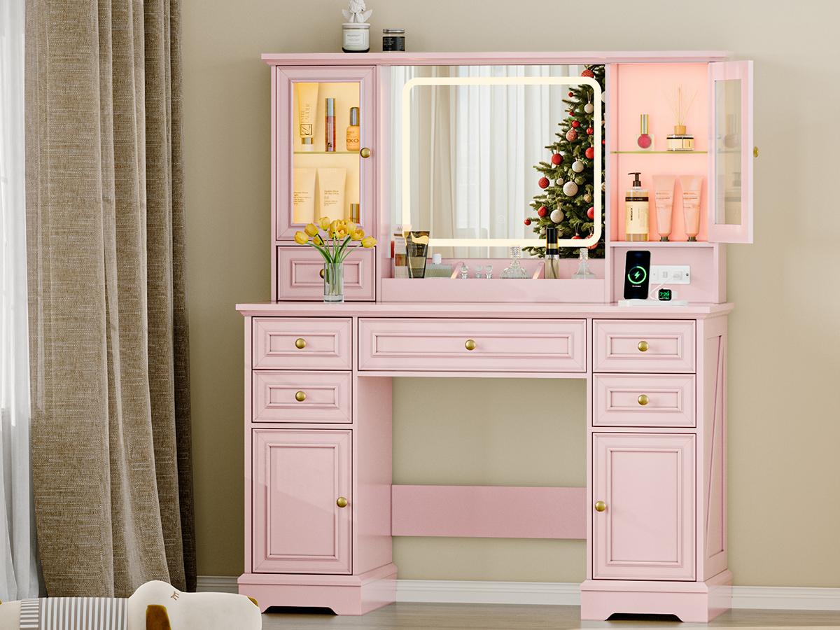 Led Light Vanity,Adjustable Lighting Makeup Vanity Set，Farmhouse Vanity Desk with Mirror and Lights,Large Makeup Table Set with RGB Cabinets,6 Drawers and Storage Shelves Dressing Table for Bedroom Dressing Room，