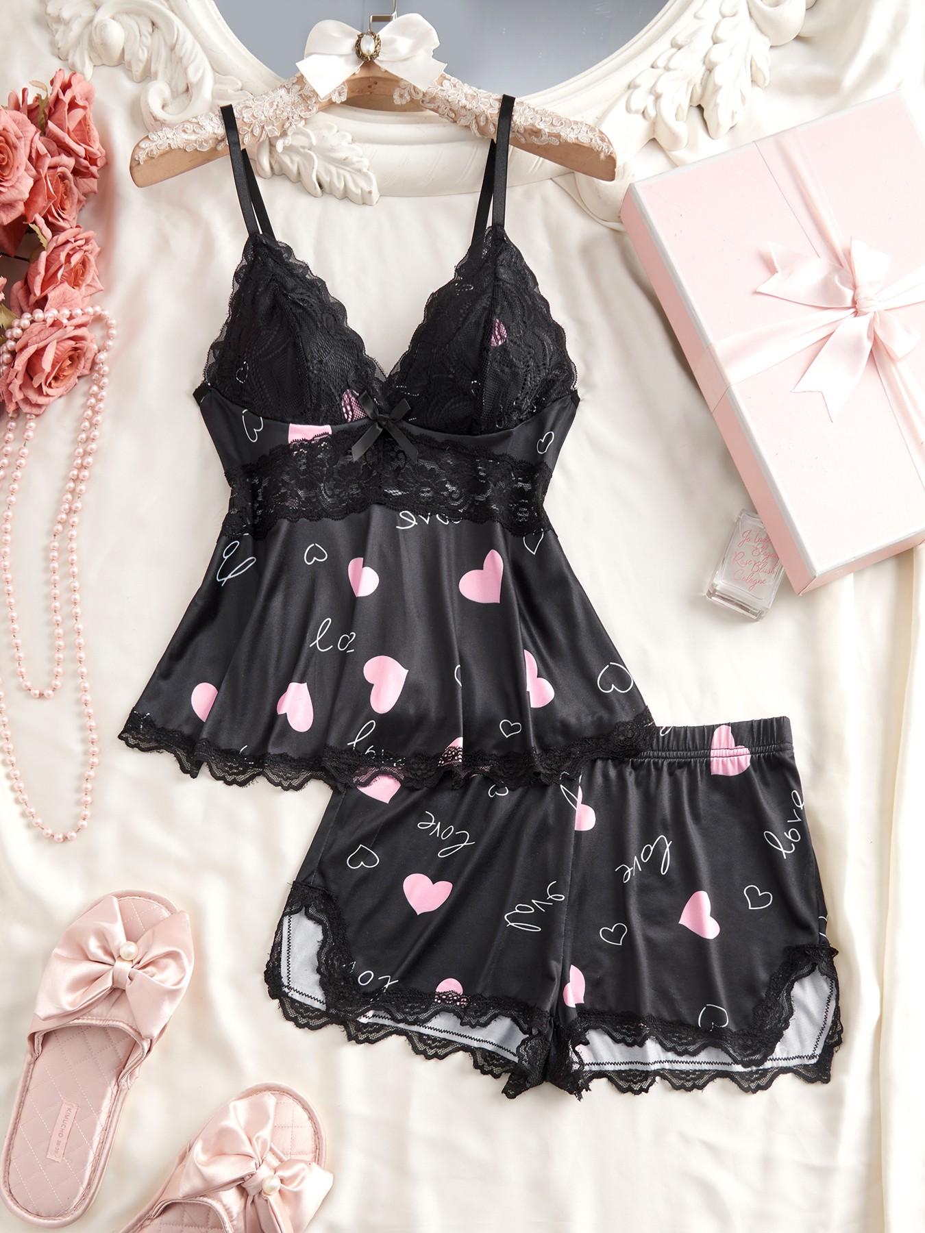 Women's Plain Lace Patchwork Bow Decor Aesthetic Cami Top & Shorts PJ Set, Adjustable Spaghetti Strap Camisole & Elastic Waist Shorts, Ladies Sleepwear for All Seasons