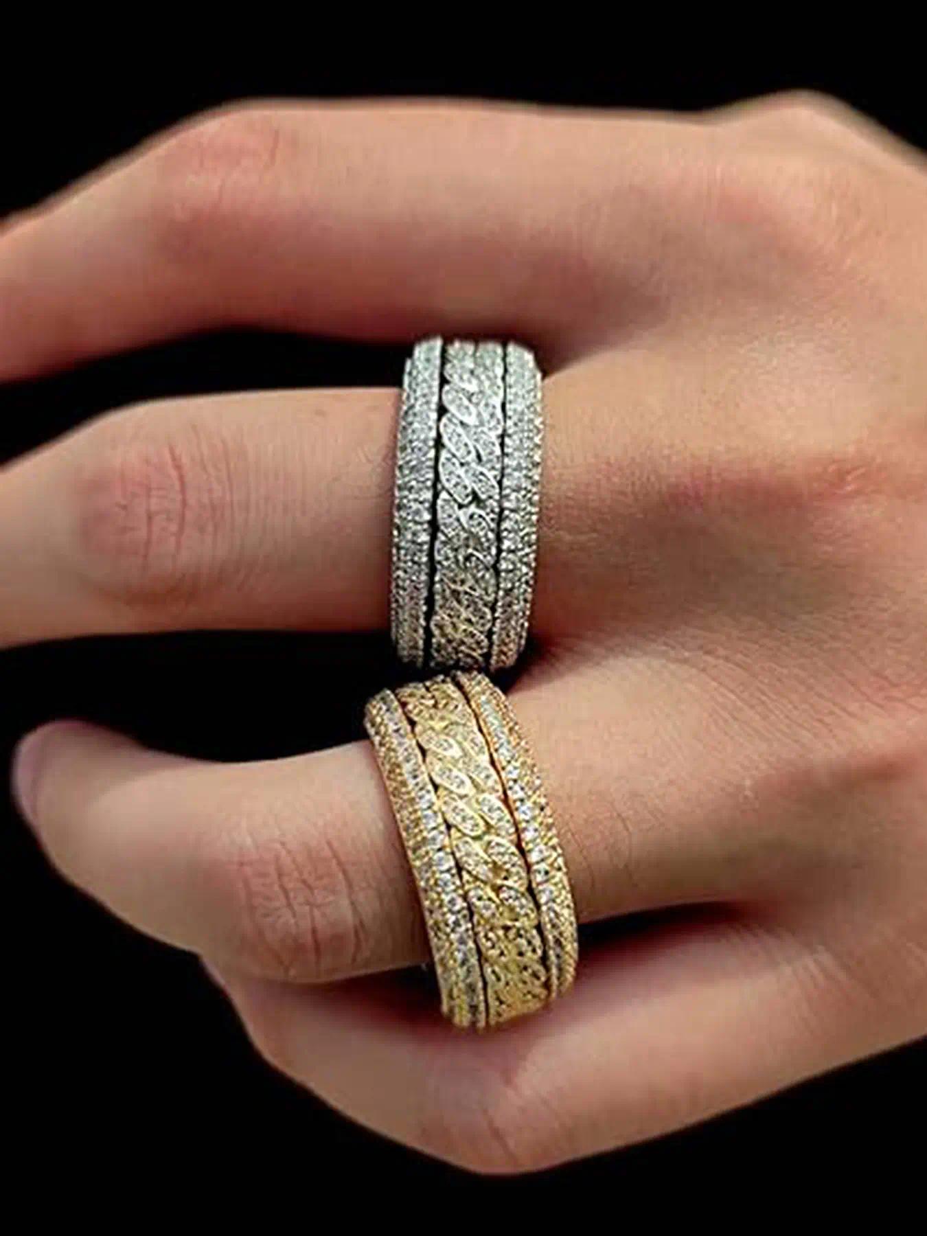 Fashion Hip-Hop Rock Ring - Diamond Rotating Stress-Relieving Cuban Ring, Pure Gold Plated Copper Material, 3A Grade Cubic Zirconia, Shiny Diamond Cuban Chain Ring, Micro Set Zirconia Ring - Gender-Neutral Punk Accessories, Gold and Silver Color