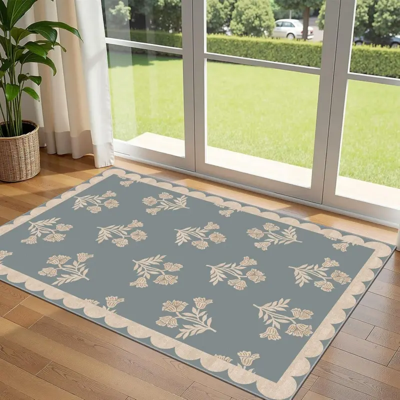 2'×3' Floral Non-Slip Washable Doormat, Blue Retro Farmhouse Scalloped Entry Rug for Front Door, Entryway, Kitchen and Front Porch, Indoor and Outdoor Decorative Mat, Home Decor Mat
