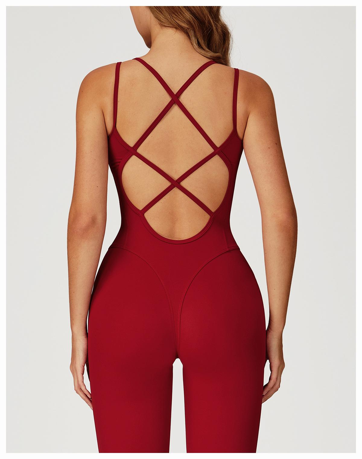 Nude-feel one-piece bodysuit with cross-back design, slim-fit yoga wear for outdoor running and fitness activities