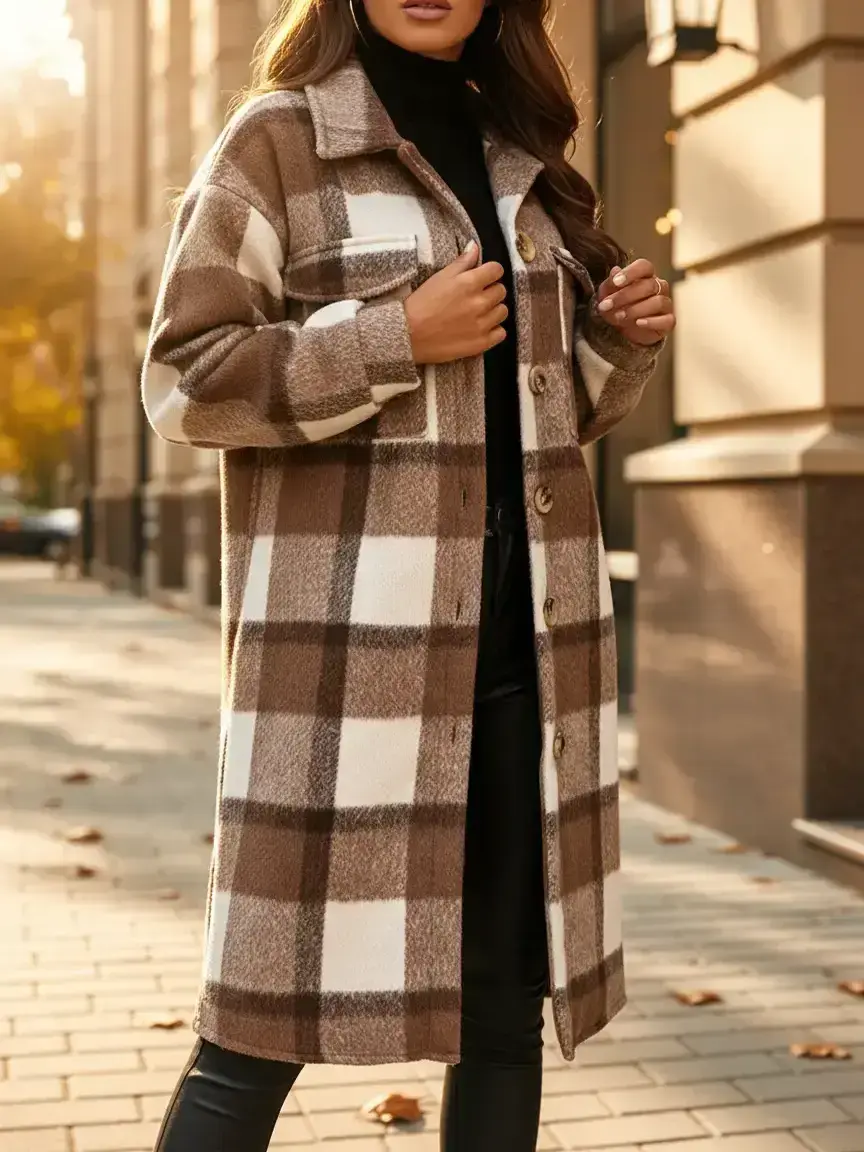 Women's Plaid Long Jacket Casual Soft Fitted Winter Coat, Colorblock Lapel Button Design, Comfortable Fall & Winter Fashion Button Front Outerwear, Collared Jacket, Casual Warm Coat