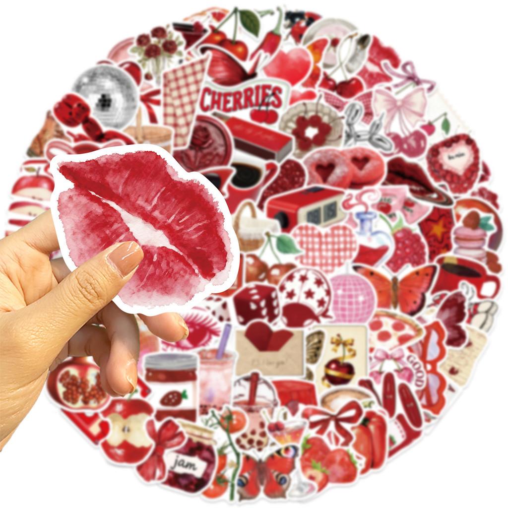 100Pcs Red Cherry Girl Retro Aesthetic Graffiti Stickers Waterproof PVC Decals for Guitar