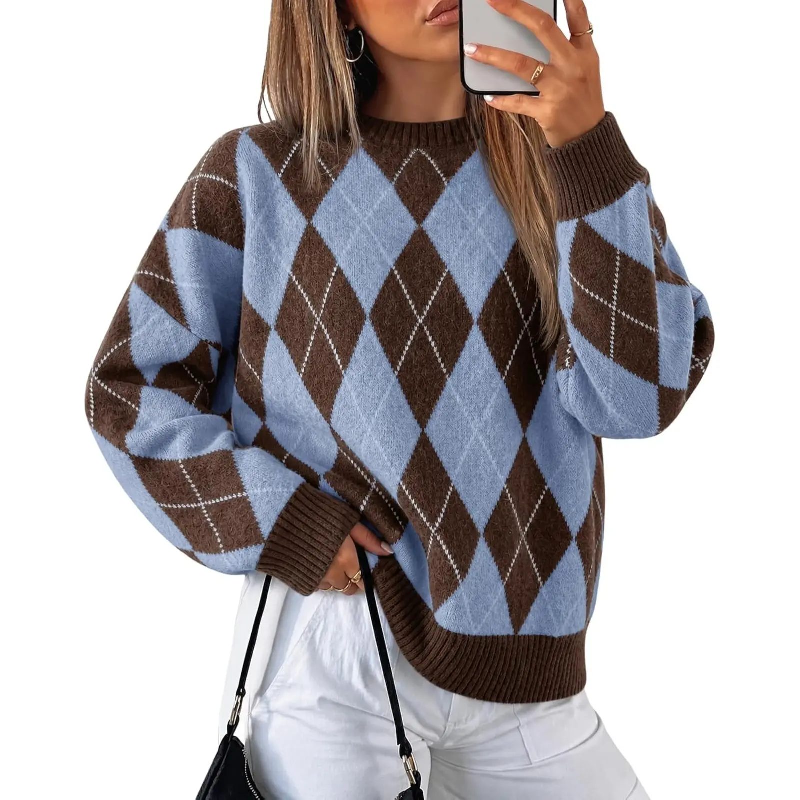 Tankaneo Womens Oversized Sweaters Long Sleeve Argyle Plaid Trendy Casual Fall Lightweight Knit Pullover Tops
