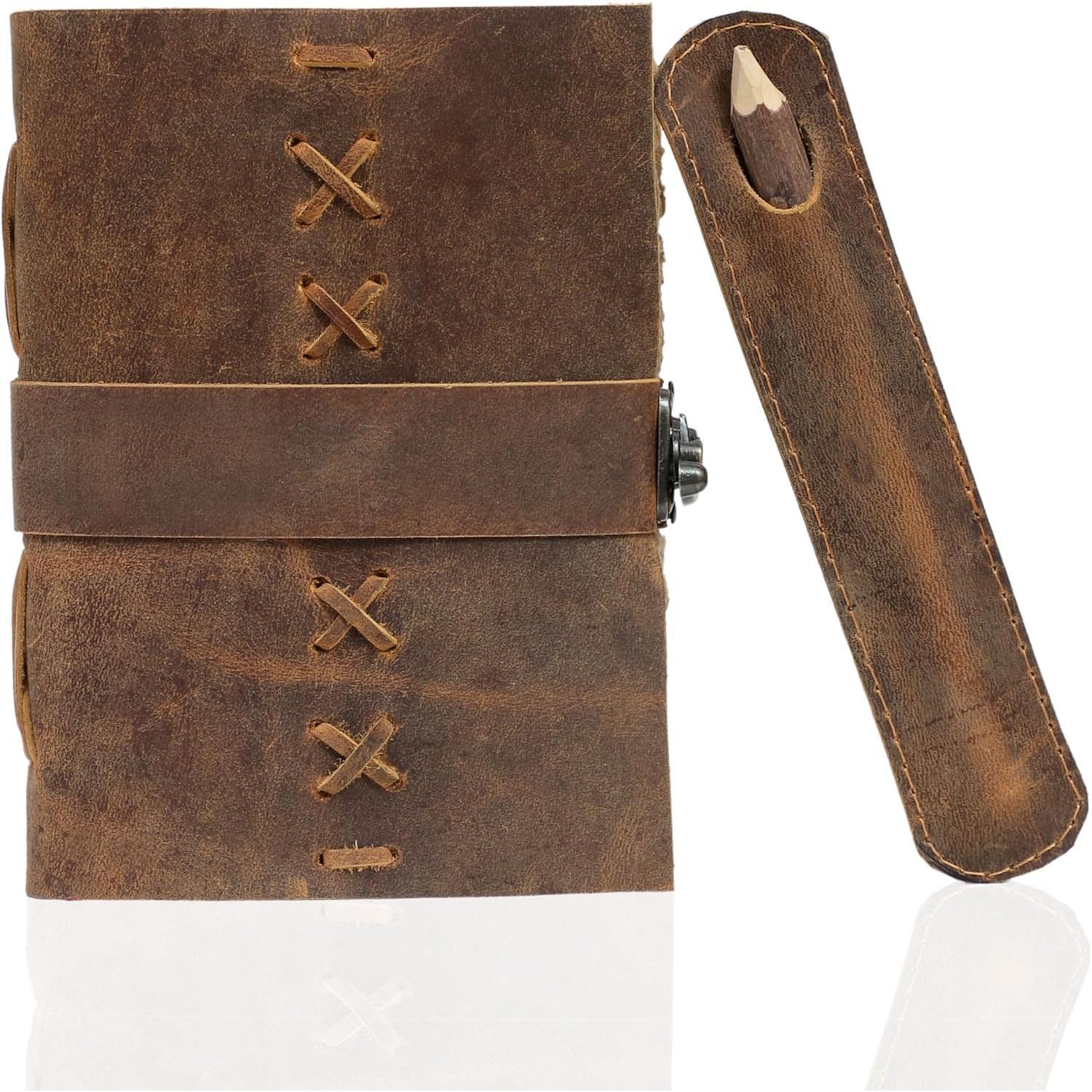 Leather Bound  Journal for Women & Men - Book of Shadows - Lock Closure - 200 Pages of Antique Deckle Edges  Paper - Rustic Brown Color