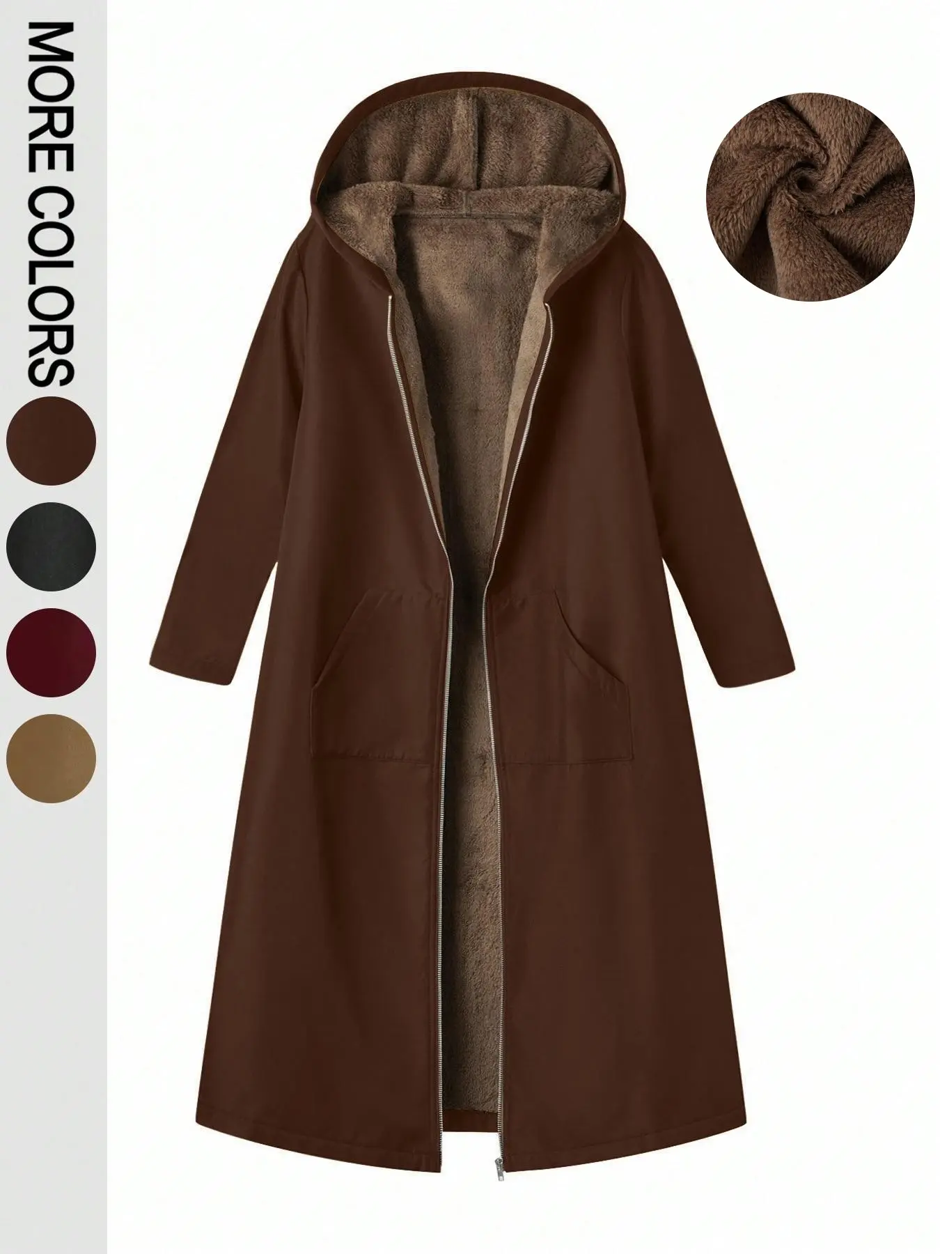 Women's Fleece-Lined Zip-Up Hooded Long Coat with Pockets, Casual Long Sleeve Warm Outerwear for Autumn & Winter Jackets