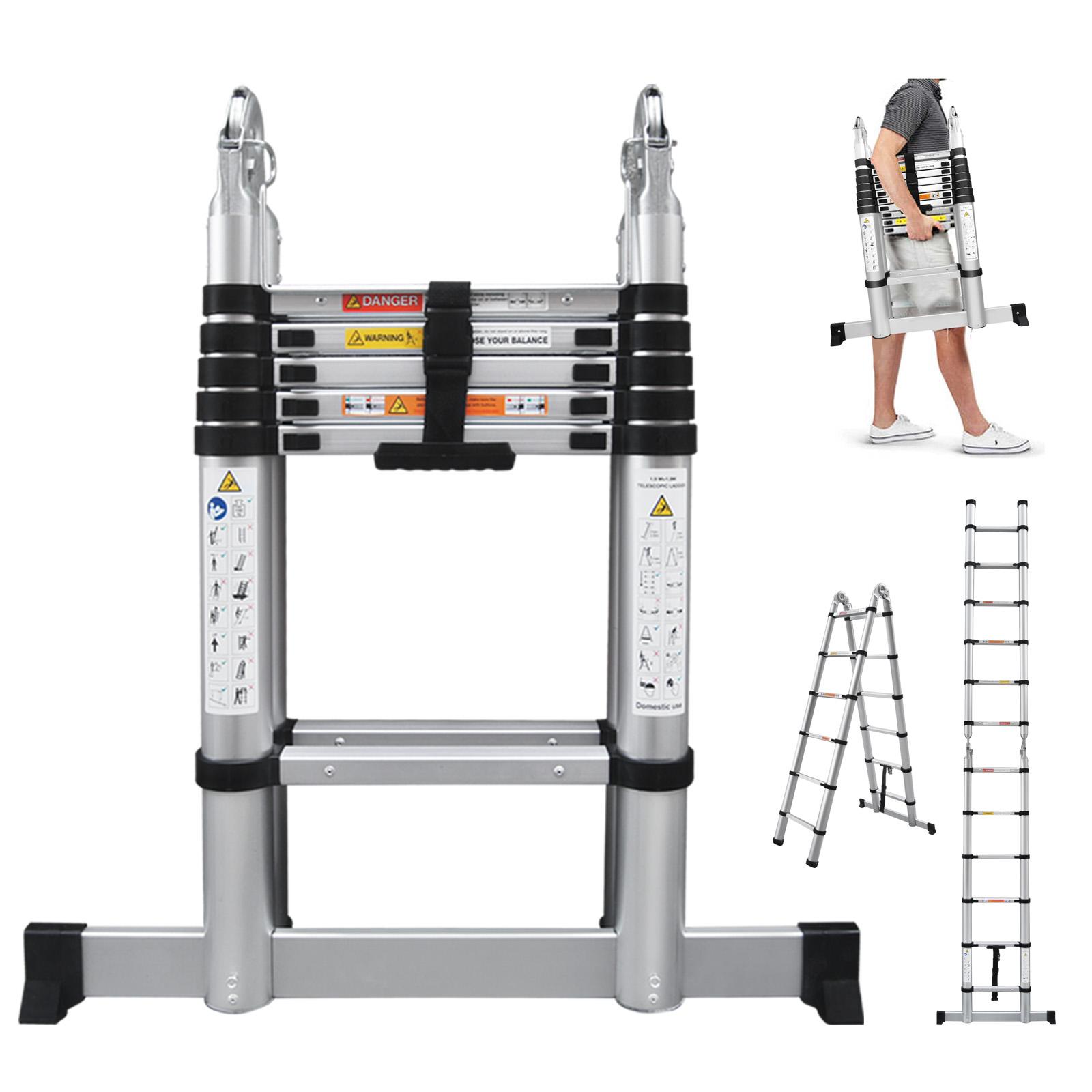 Telescoping Ladder Aluminum A-frame Extension Ladder, Folding Ladder with Stabilizer Bar and Anti-Slip Feet, 330lbs Max Load Capacity, for Home, Office ( 6.2+6.2FT / 8.2+8.2FT )
