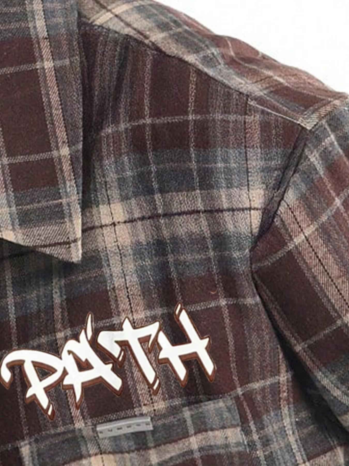 Long Sleeve Plaid Shacket | Bold Back Graffiti Slogan Printing, Drop Shoulder Baggy Top For Young Guys Urban Street Style & Casual Outdoor Wear, Printed Shirts