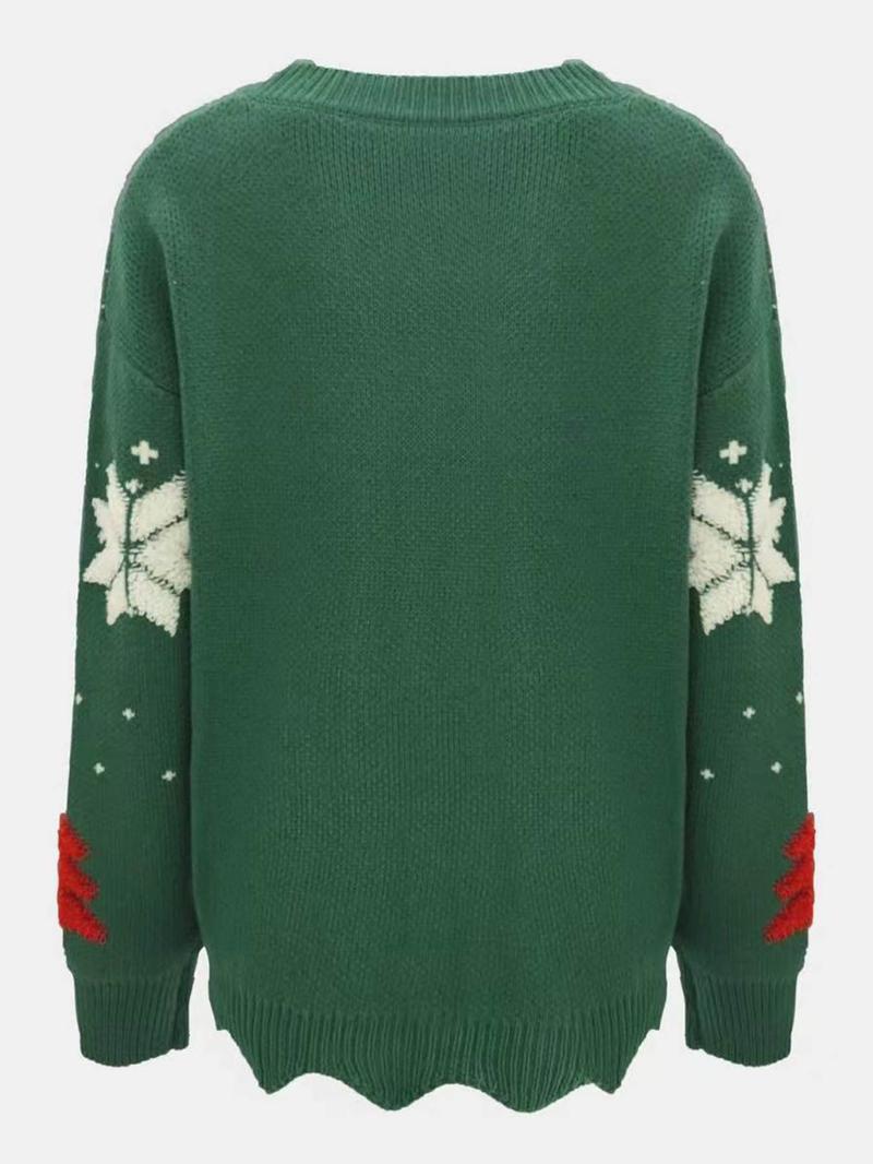 Women's Christmas Tree Print Scallop Trim Drop Shoulder Sweater Pullover, Casual Long Sleeve Round Neck Jumper for Fall & Winter, Ladies' Knitwear for Daily Wear