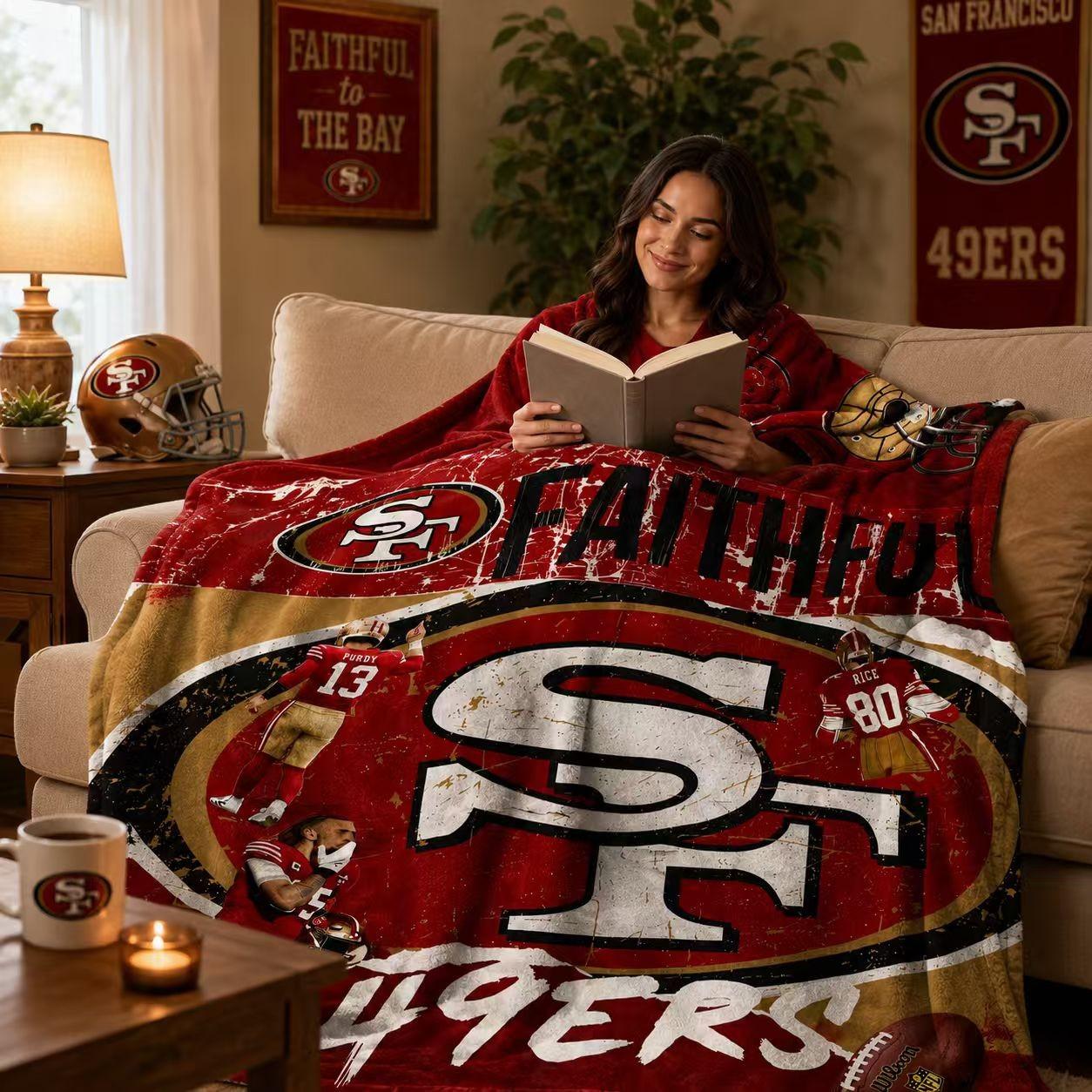 San Francisco 49ers Flannel Blanket, Vintage Texture Team Logo, Thick Soft Anti-Pilling Washable, All-Season Adult Throw, Gift for Football Fans