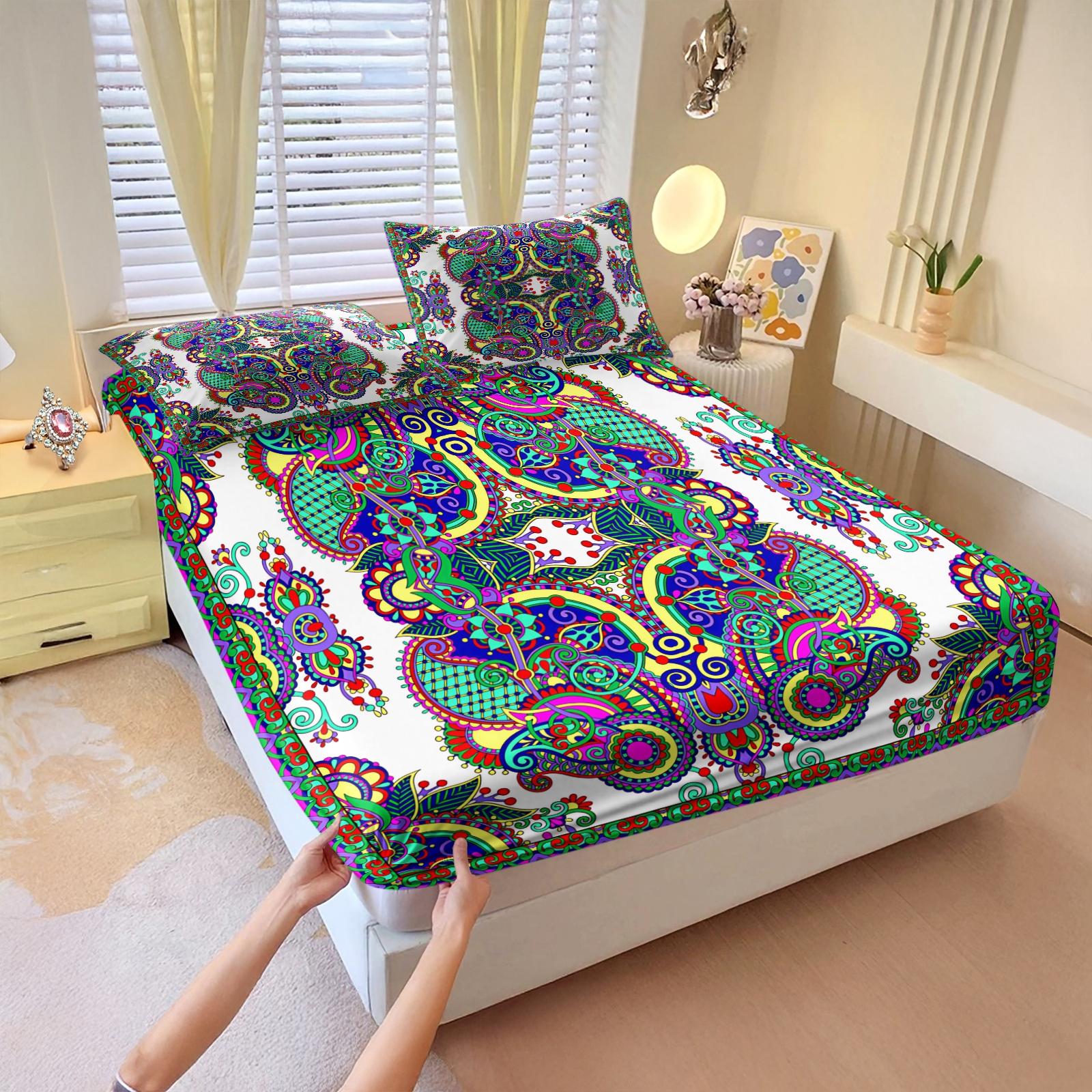 3Pcs Boho Paisley Printed Fitted Sheet Set, Vibrant Ethnic Style Bedding Set, Ultra-Soft Breathable Microfiber Bed Sheet Set, Deep Pocket All-Season Bed Linen, Ideal for Bedroom, Guest Room, Dorm Decor, Home Use