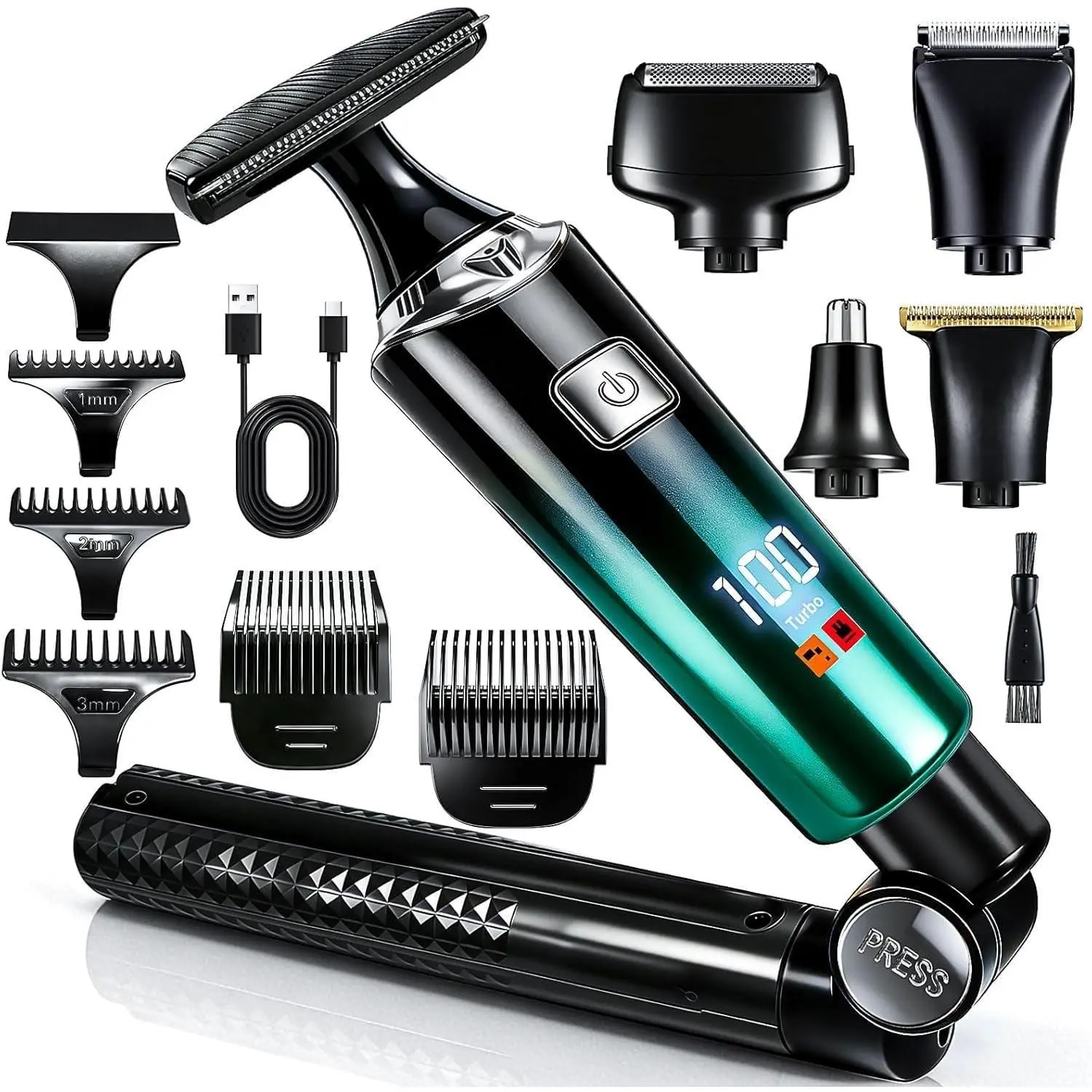 Back Shaver for Men, 5 in 1 Men Back Shaver with Long Handle, Green | LED Display, Back Trimmer for men ,Body Groomers Kit,Waterproof IPX6 Wet/Dry, Rechargeable