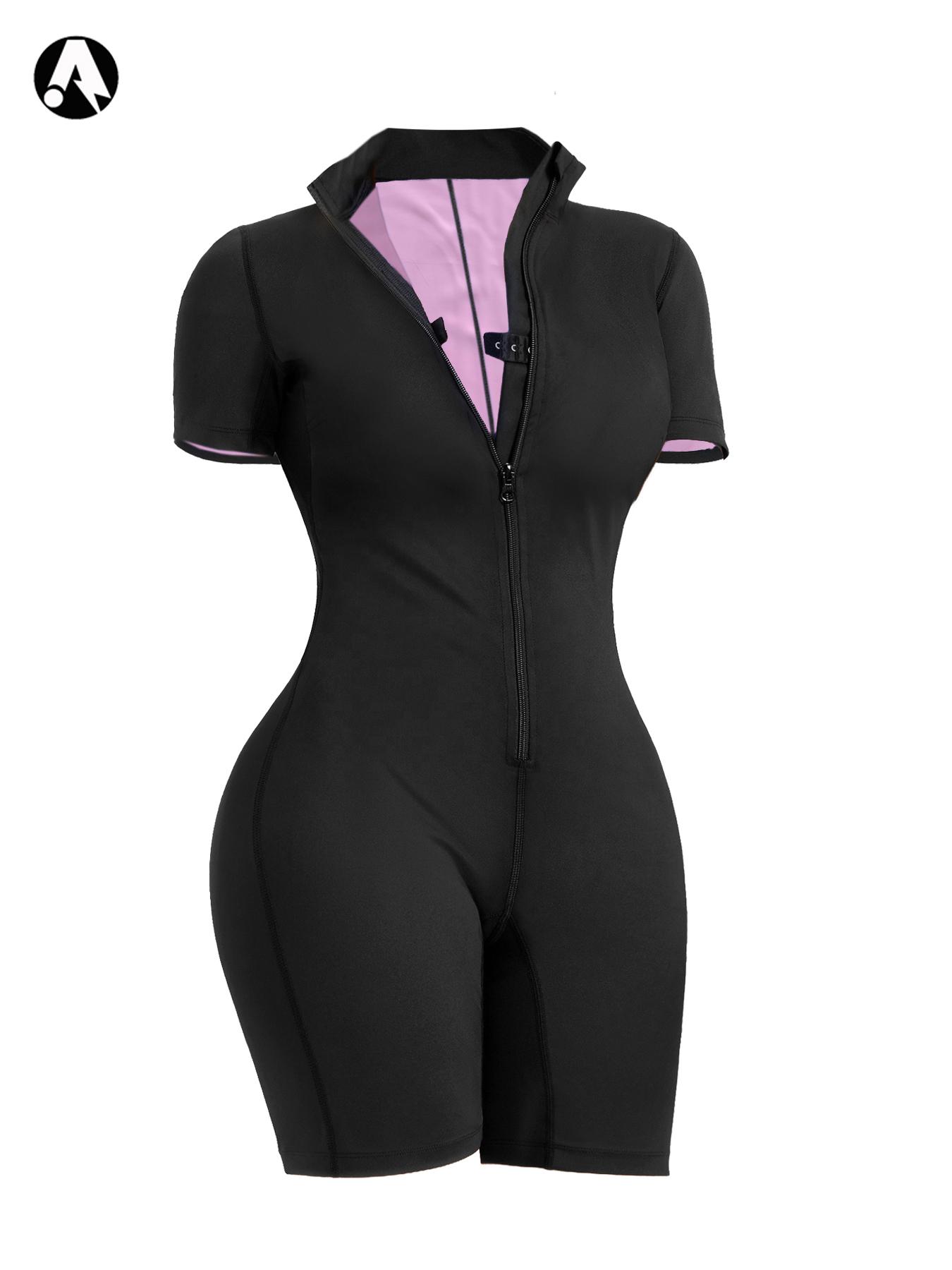Women's One-Piece Sauna Jumpsuit, Zip-Up Yoga Romper, Tight-Fit Above-Knee Sportswear, Short Sleeve, Summer, Sporty Comfy Jumpsuit