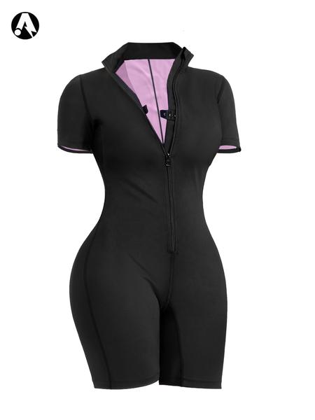 Women's One-Piece Sauna Jumpsuit, Zip-Up Yoga Romper, Tight-Fit Above-Knee Sportswear, Short Sleeve, Summer, Sporty Comfy Jumpsuit