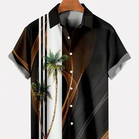Hawaiian Men's Vacation Gradient Coconut Tree Button Short Sleeve Shirt, Casual Slim-Fit Design, Asymmetrical Design, Random Print, Aloha Style Shirt