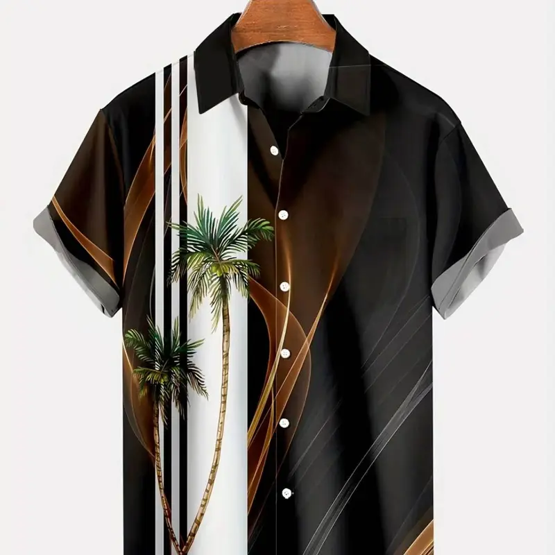 Hawaiian Men's Vacation Gradient Coconut Tree Button Short Sleeve Shirt, Casual Slim-Fit Design, Asymmetrical Design, Random Print, Aloha Style Shirt