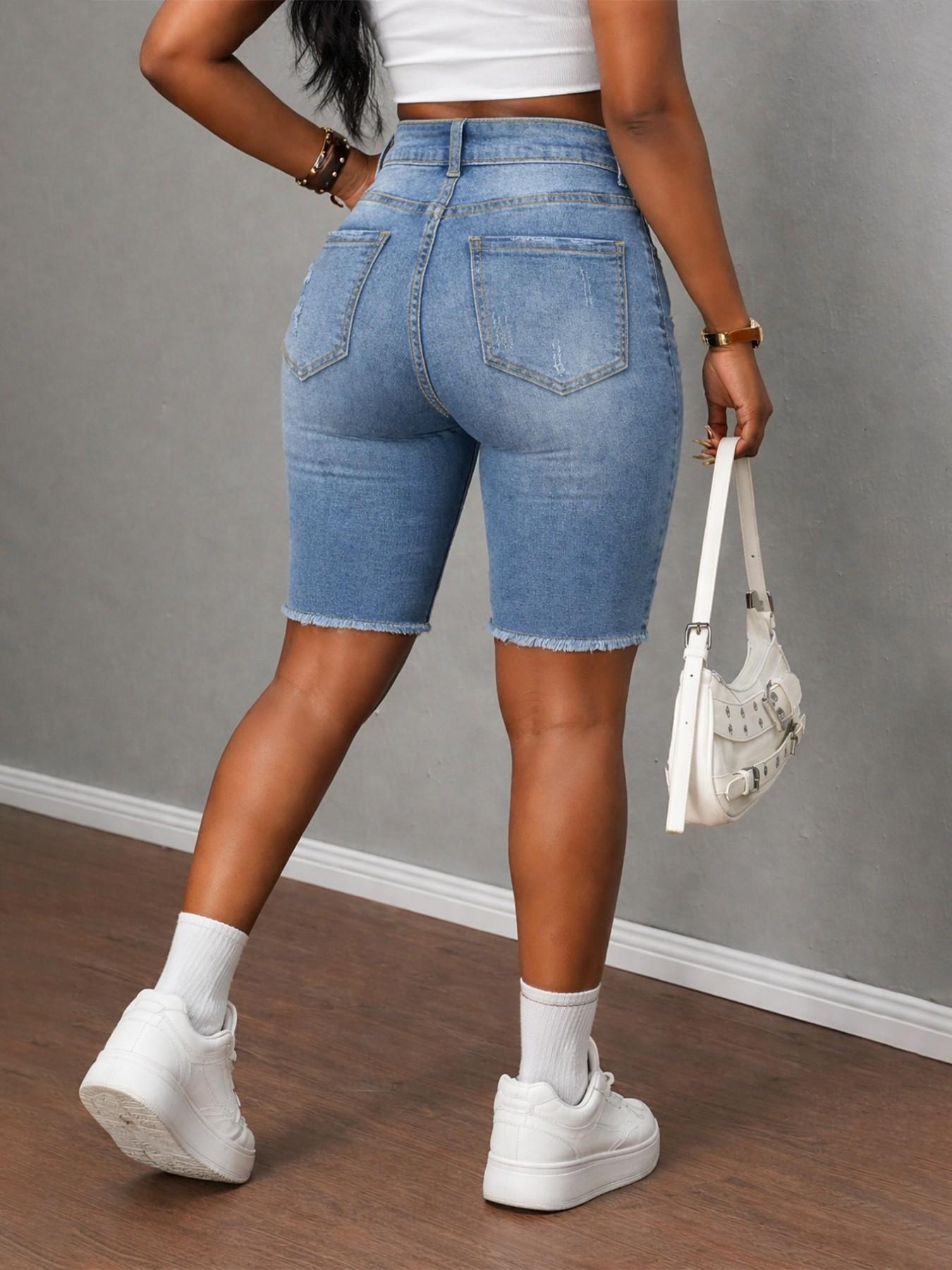 Women's Summer Denim Jeans High Elasticity Mid-Waist Slim Fit Pants, Washed Blue Ripped Design, Casual Style