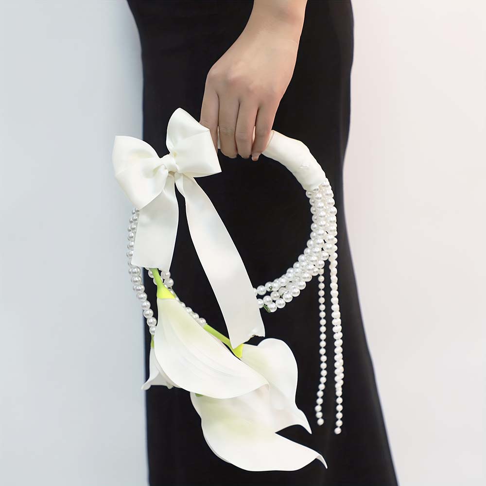 Lily and Pearl Bride Wrist Corsage, 37cm Artificial Flower Handheld Ring, Wedding Ceremony Engagement Party Decoration
