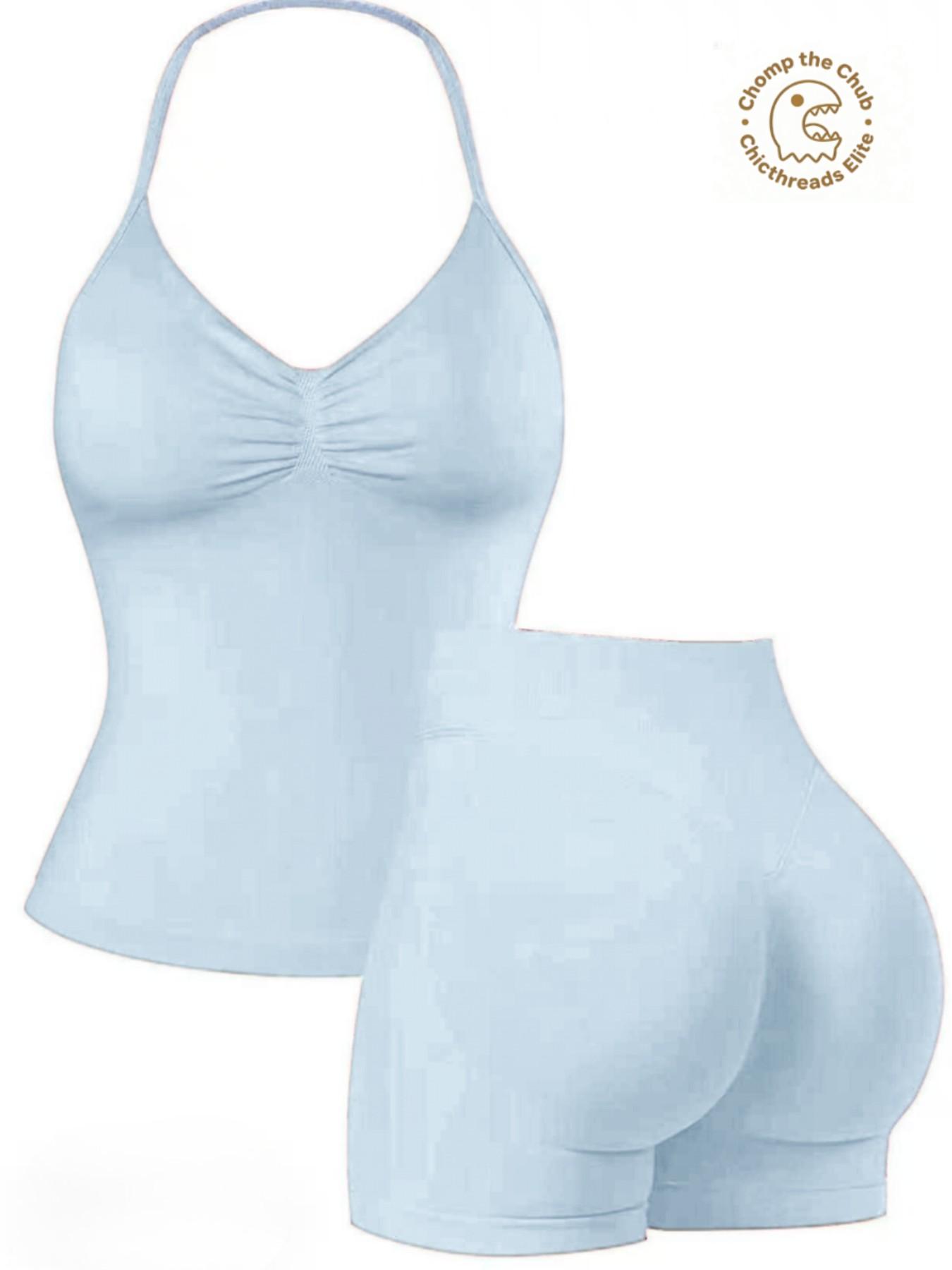 Bootie Lifting & Snatched Waist Yoga Set, Halter Ruched Top + High Waist Sculpting Shorts, Ideal for Gym, Yoga, Activewear, Gym Workout Set, High Stretch Sporty, Gym Clothes Workout