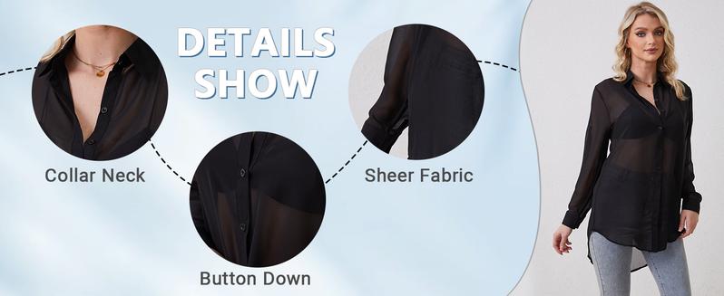 Arssm Sheer Button Up Blouse Mesh Shirt Women Long Sleeve Sexy See Through Top Fashion Black Trendy Mesh Blouse Tops Vintage Casual cute summer outfit