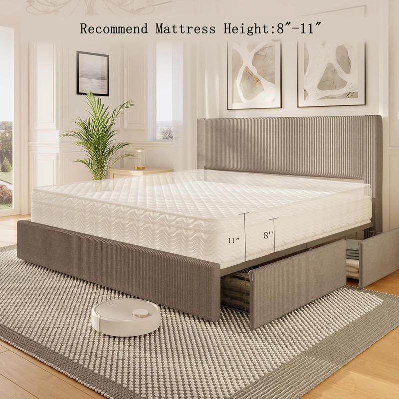 Corduroy Bed Frame with Headboard, Platform Upholstered Full Size Bed Frame with 4 Storage Drawers and Wooden Slats Support, No Box Spring Needed