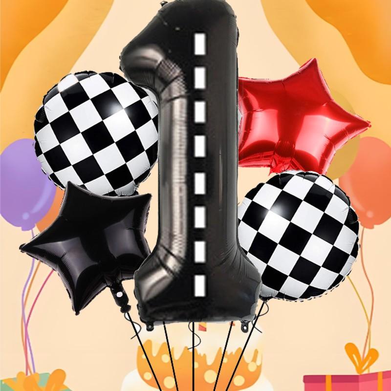 Race Car Theme Number Star Balloons, Checkered Foil, Multi Shape Mixed Color Set, Boys Birthday Party Decor